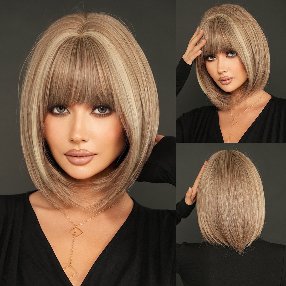 Brown Bob Wig with Bangs For Women 12in Short Straight Bob Wig Natural Synthetic