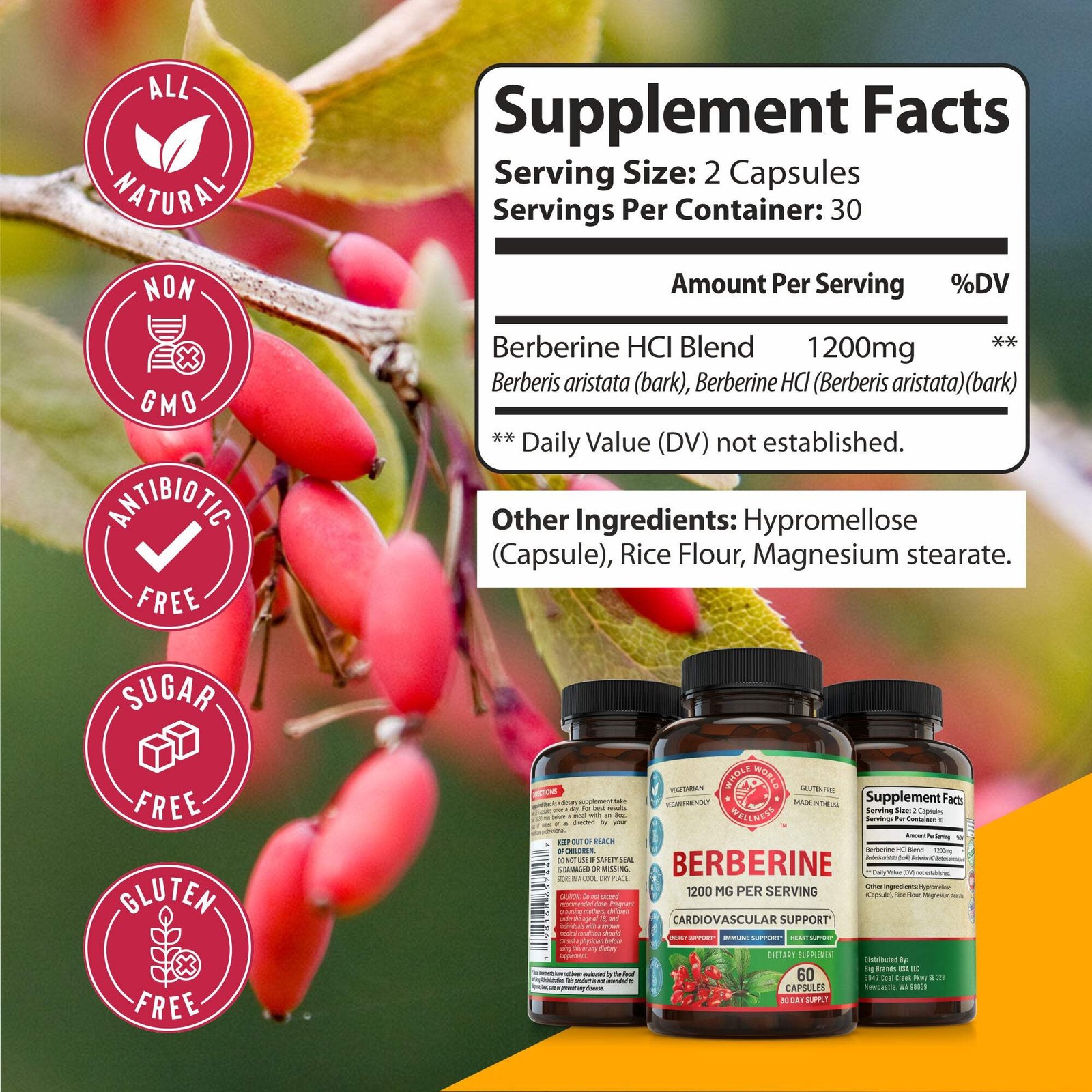 1200mg Berberine Herbal Supplement 30 Day Supply. USA Made.