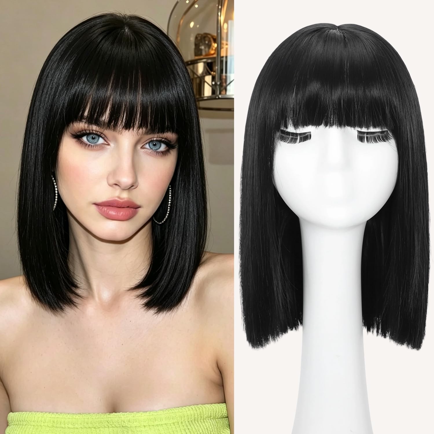 White Bob Wig With Bangs 14 Inch Short Straight Heat Resistant Fiber Synthetic