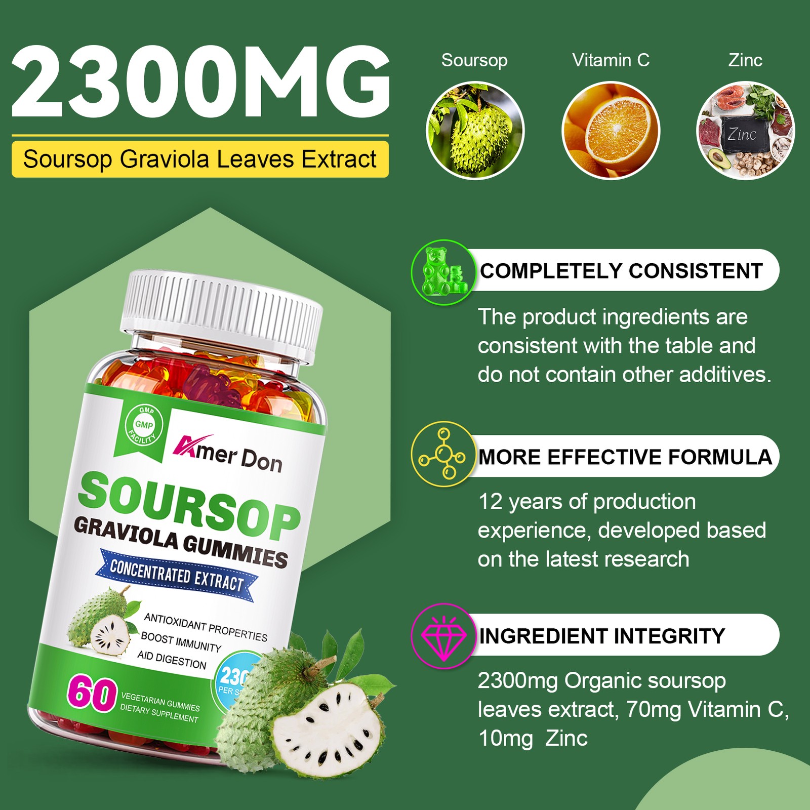 Graviola Capsules 2300mg Pure Natural Soursop Capsules Leaves fruit 60 Gummies