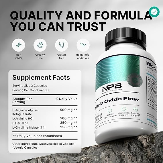 Nature’s Pure Blend Nitric Oxide Flow 2 Pack 60 Capsules Each 1500mg Formula