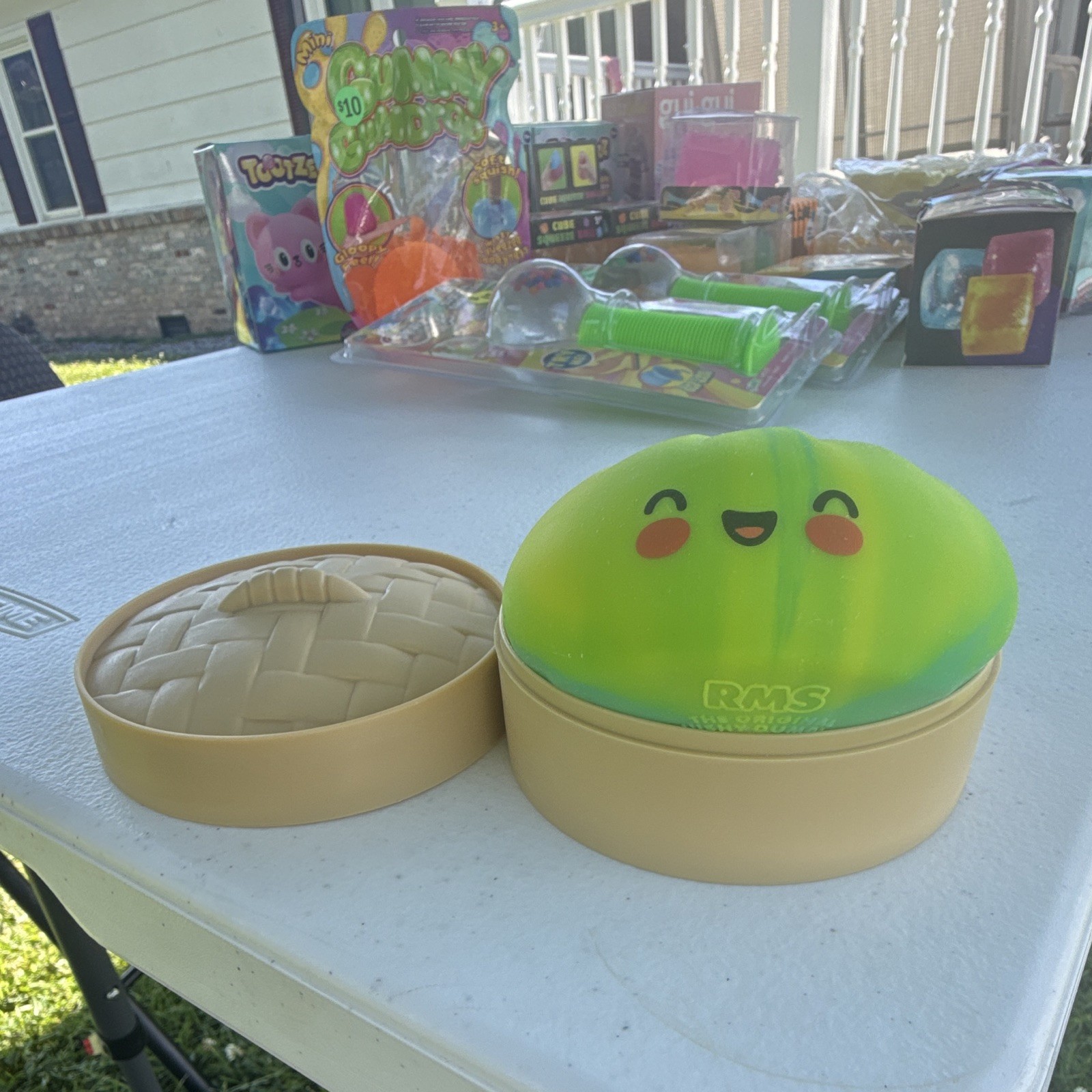 RMS Green Smiley Face Rubber Squeeze Ball Stress Reliever in Beige Case