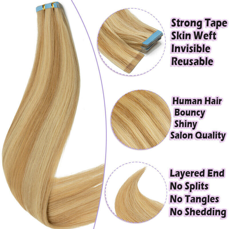 Thick 10/20/40/60pcs Tape In Remy Virgin Human Hair Extensions Russian Skin Weft