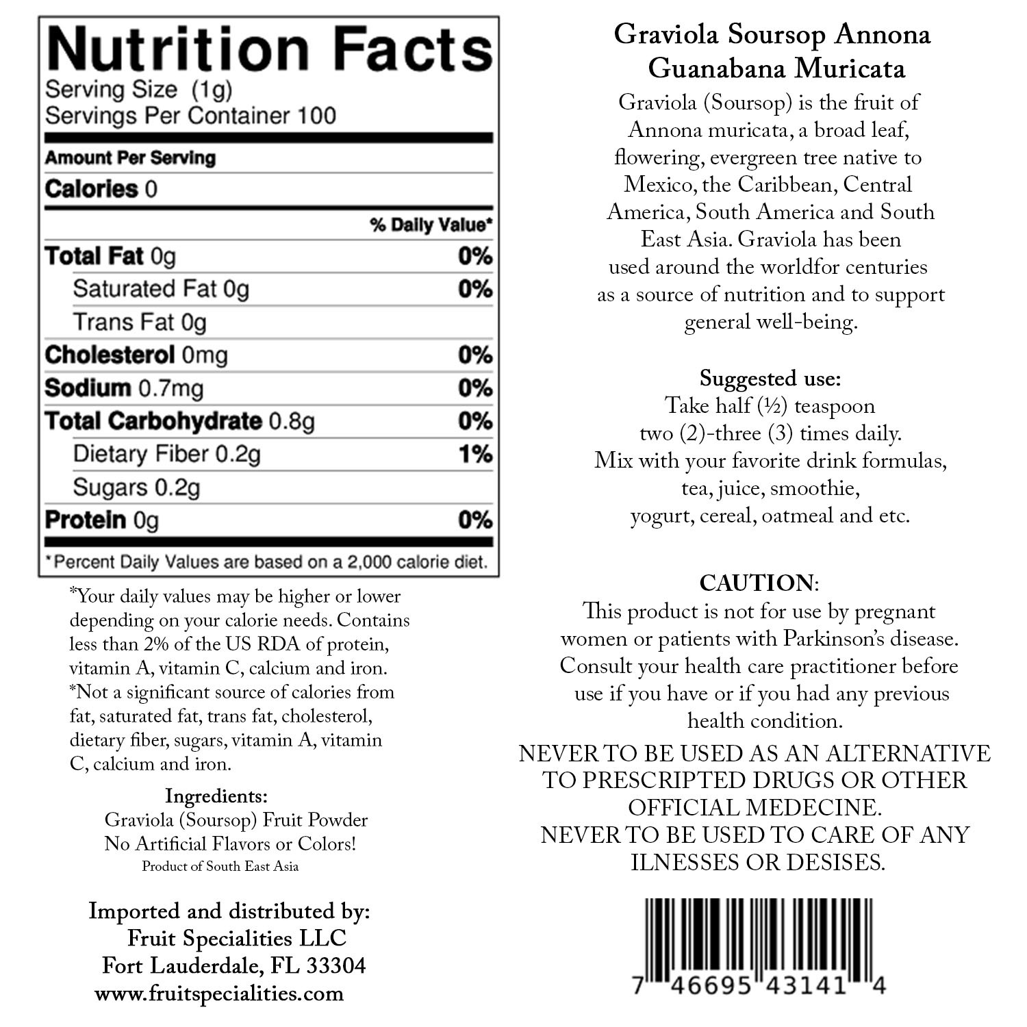 Soursop Fruit Powder 10:1 Extract 3.52 Oz(100g) Annona Muricata Graviola