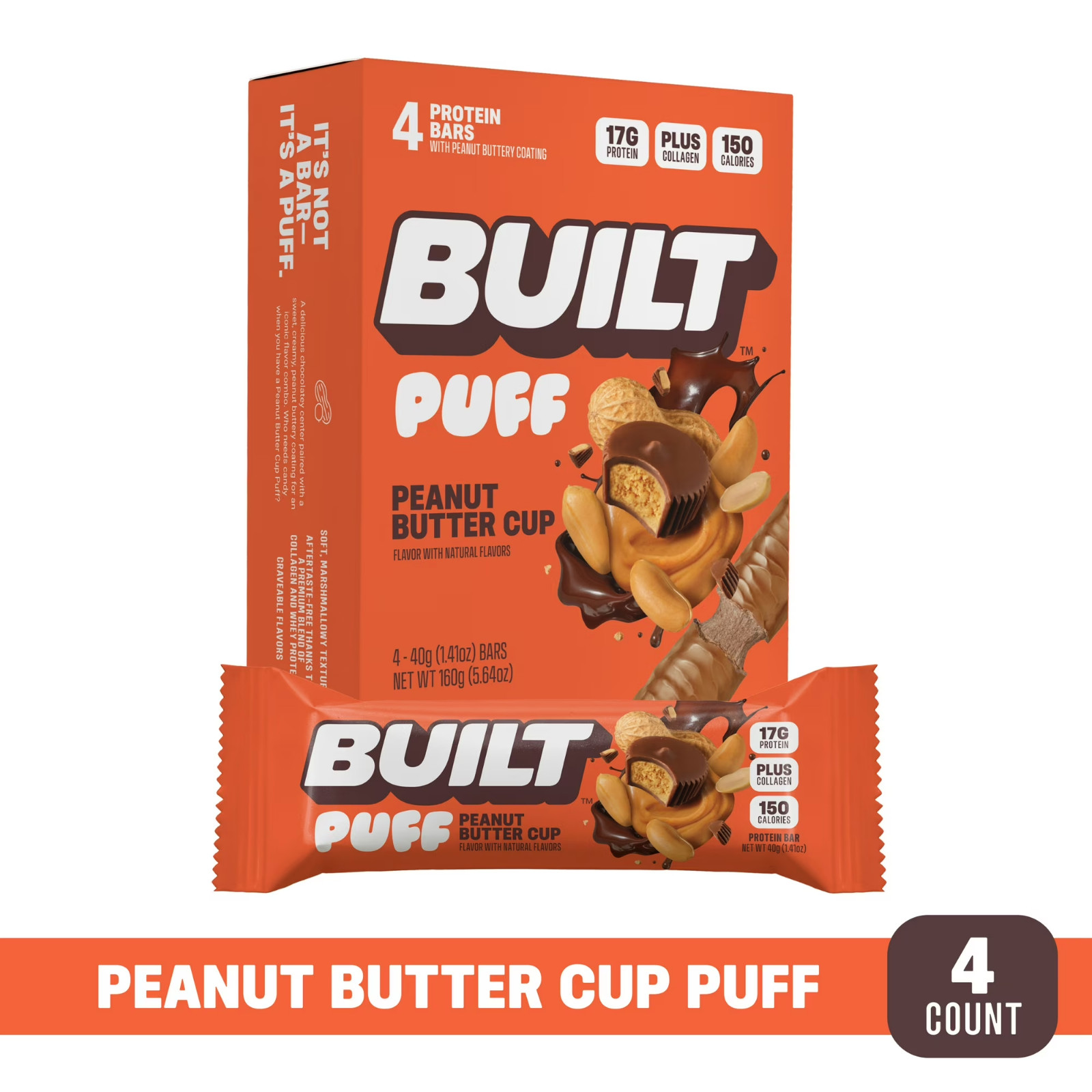 BUILT Puff Protein Bar, Peanut Butter Cup, 15g Protein, 4 Count Box, 1.55 oz