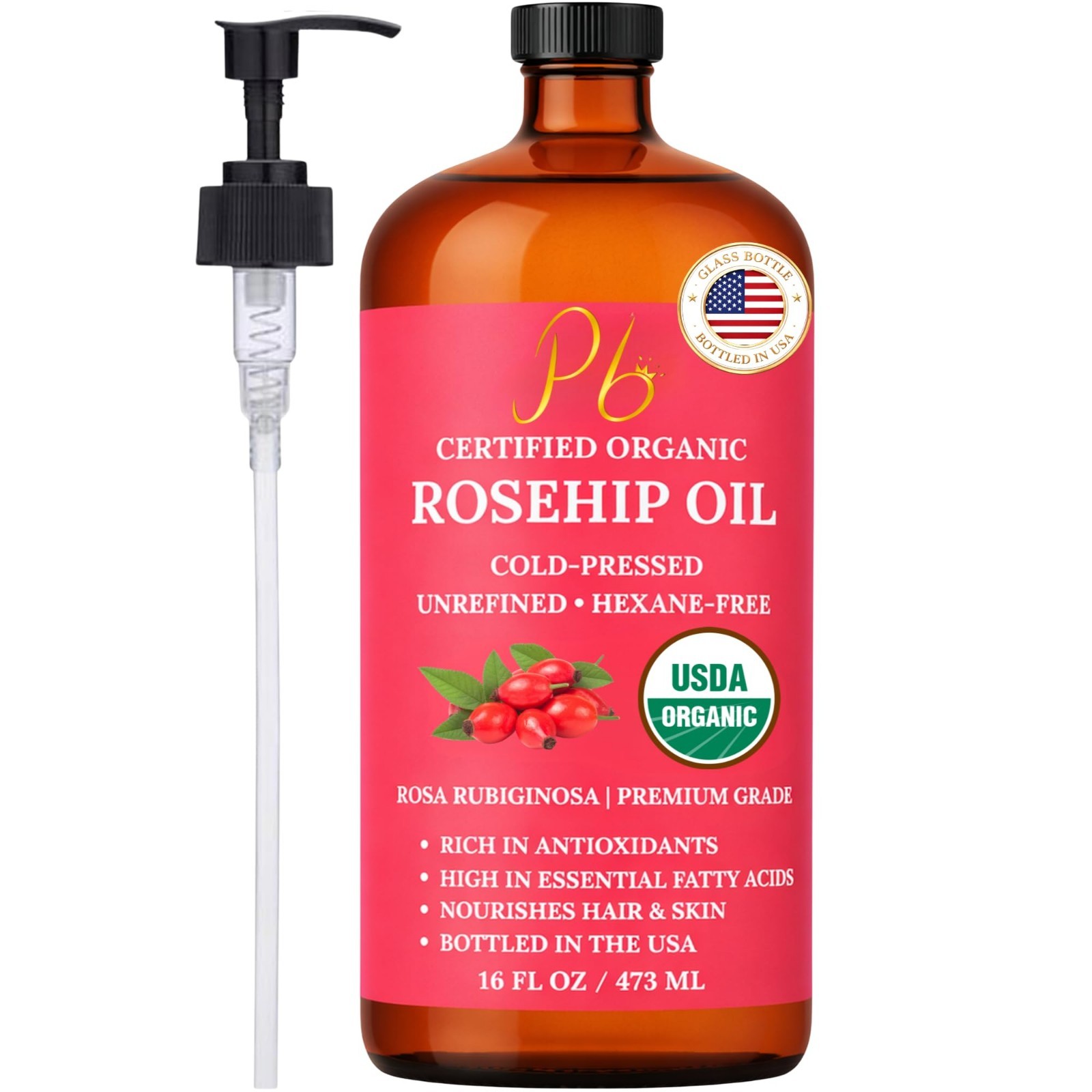 Organic Rosehip Oil 100% Pure Cold-Pressed Unrefined for Face Skin Hair 16 fl oz