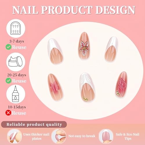 24 Pcs Flower Press on Nails Short Almond Reusable Fake Floral French Style