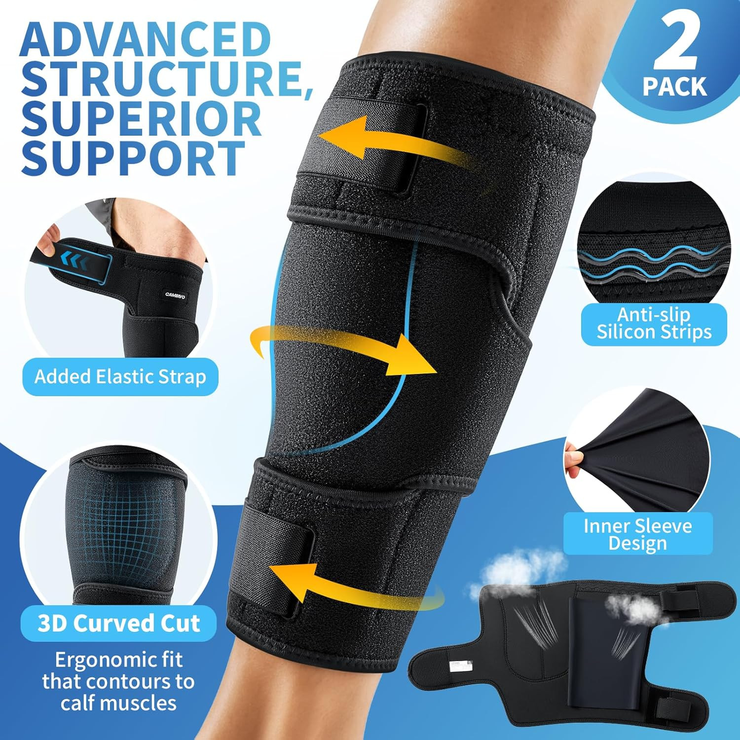 Calf Brace for Torn Calf Muscle – 2 Pack Adjustable Neoprene Compression Sleeve