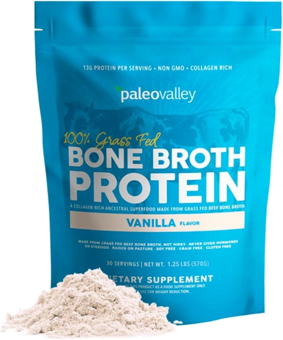 Paleovalley Bone Broth Protein Powder, 100% Grass-Fed, Vanilla, Collagen Rich An
