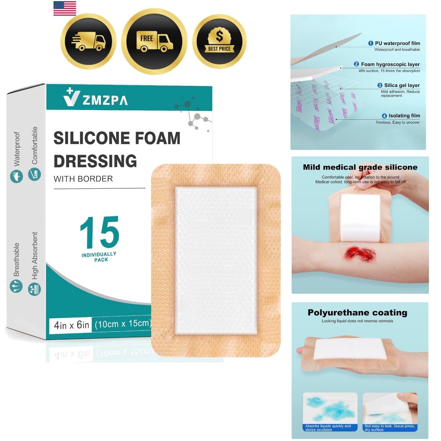 Silicone Foam Dressing 4×6 Gentle Border, Super Absorbent Wound Dressing, Lar…