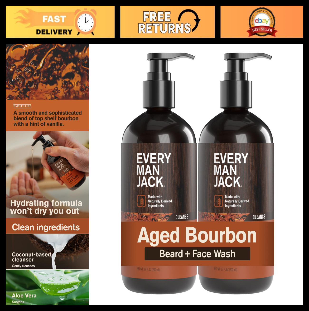Beard & Face Wash for Men – Aged Bourbon, 6.7 fl. oz (2 Pack) | Cleanses & Nouri