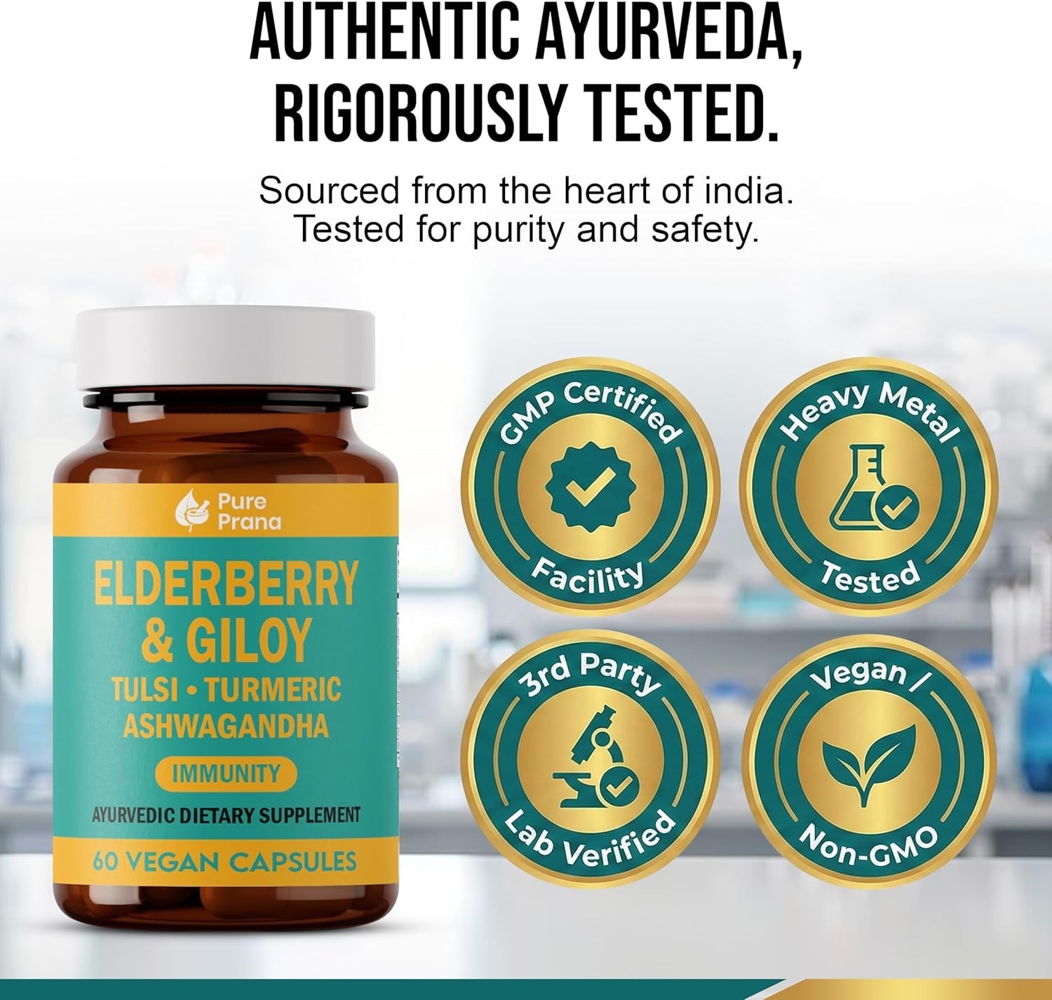 Pure Prana Elderberry & Giloy Capsules – Ayurvedic 10-Herb Immune Support 60 ct.