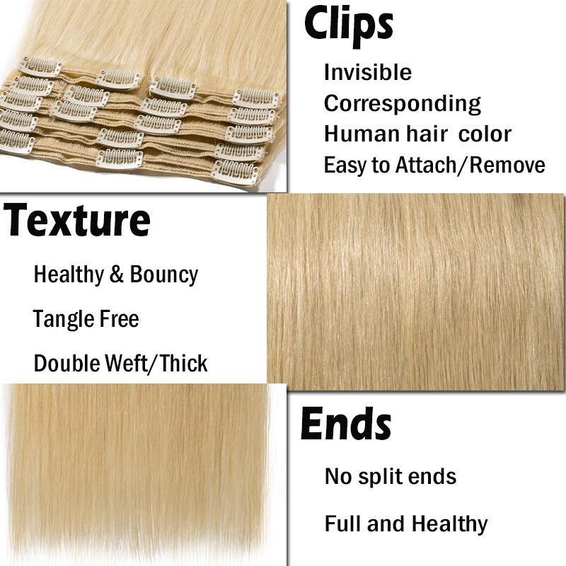 10-24inch 200G Long Thick Double Weft Clip in Remy Human Hair Extensions Blonde