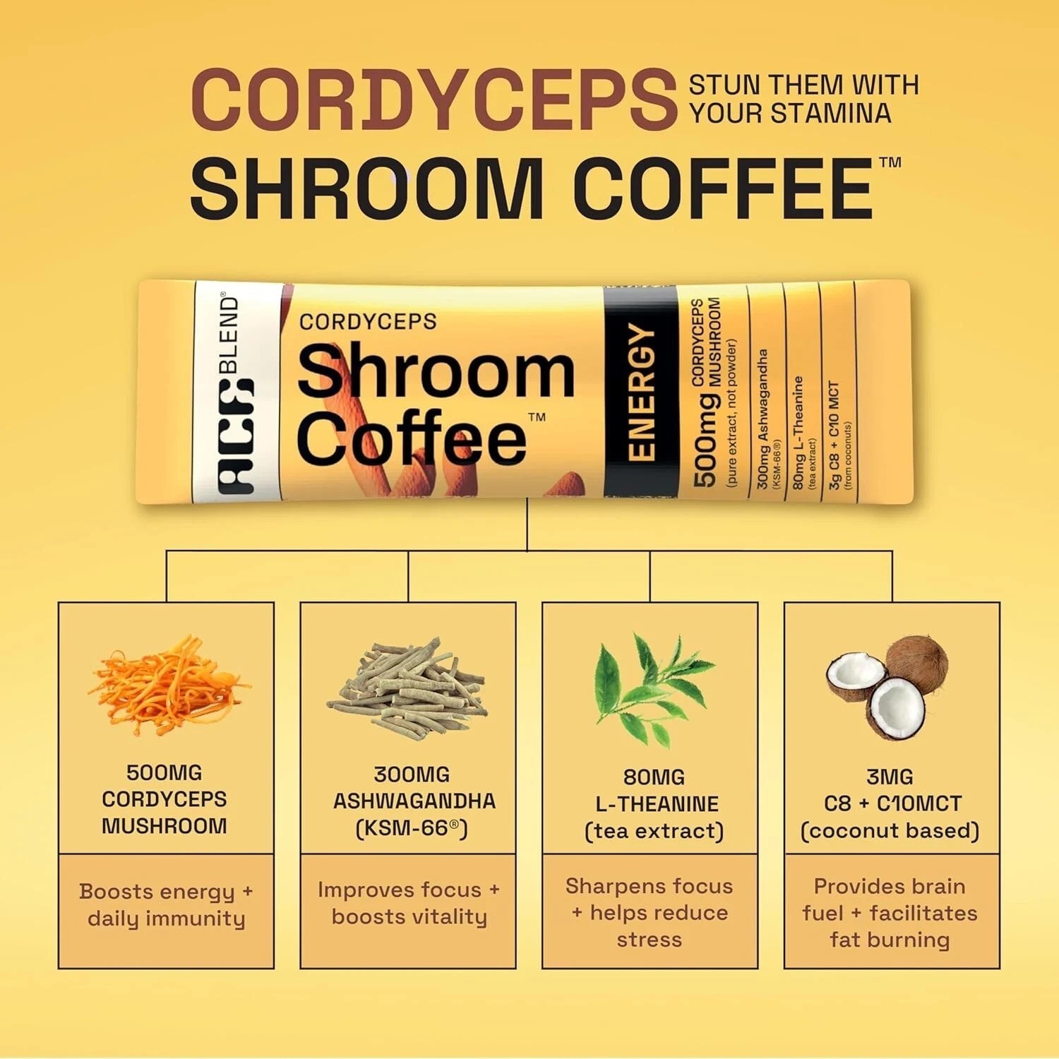 SHROOM COFFEE 15 Serving Sachets KSM 66 Ashwagandha 100% Arabica Instant Coffee