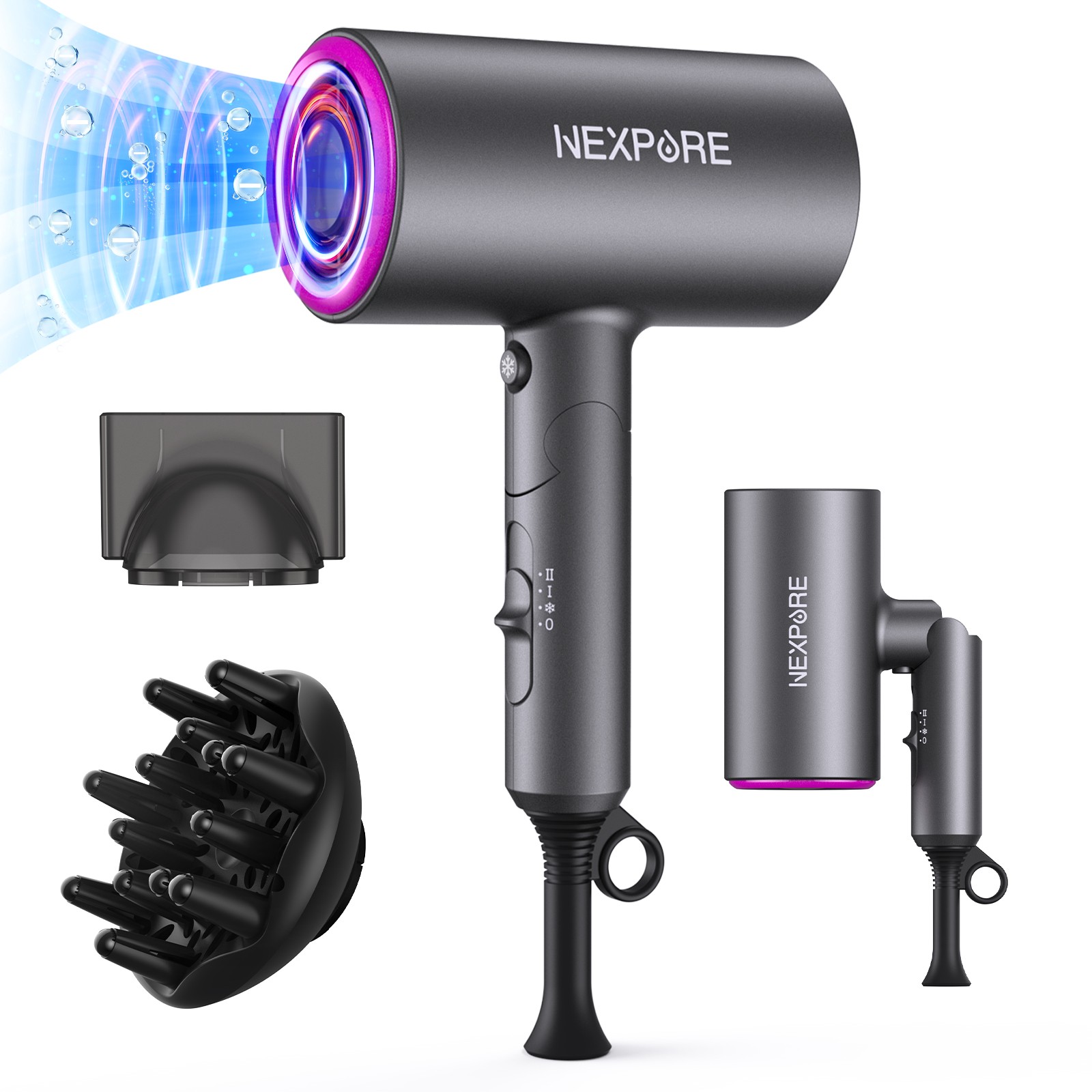 NEXPURE 1800W Professional Ionic Hair Dryer, Powerful Wind, 2 Attachments, Grey