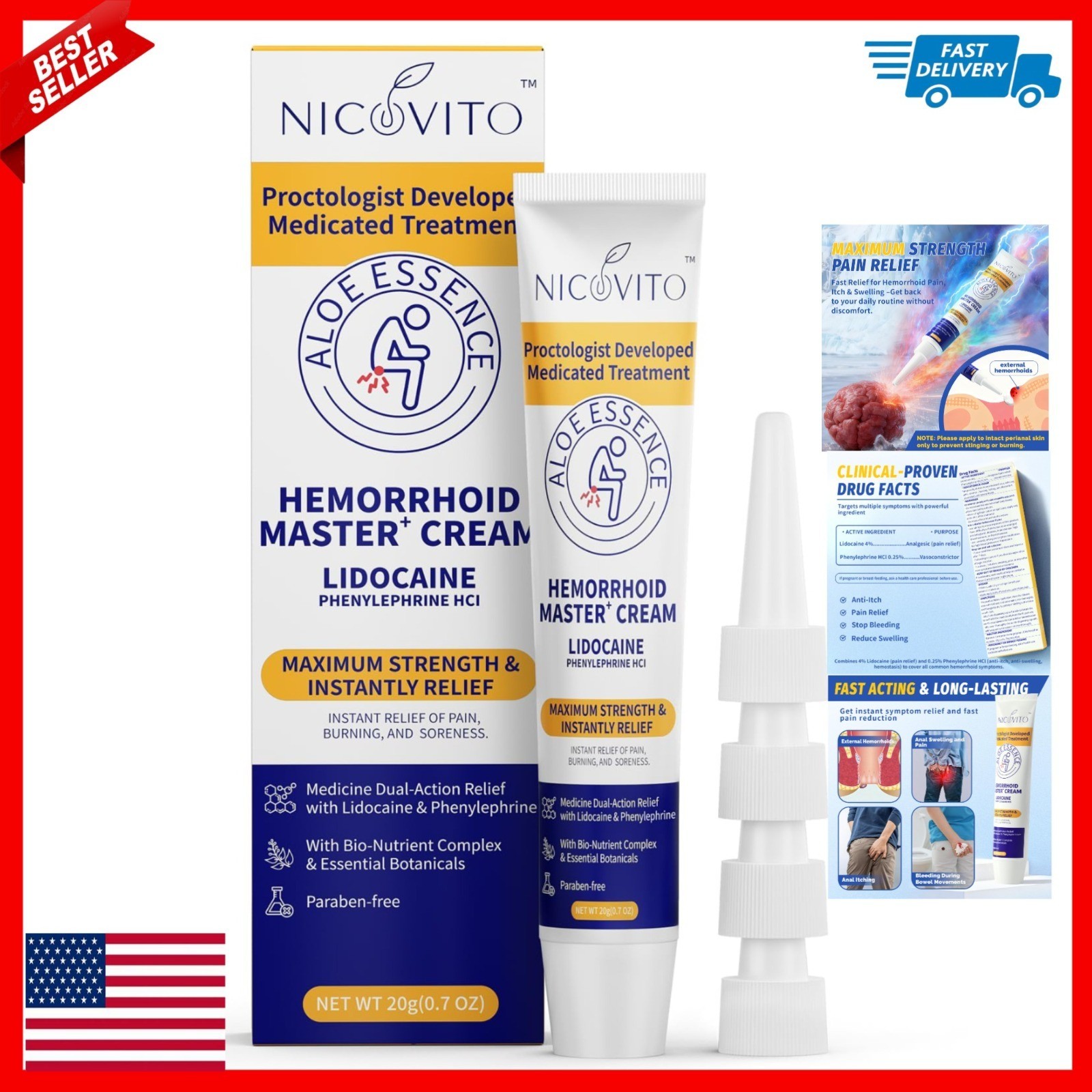 NICOVITO Hemorrhoid Treatment Cream 4% Lidocaine Maximum Strength Relief