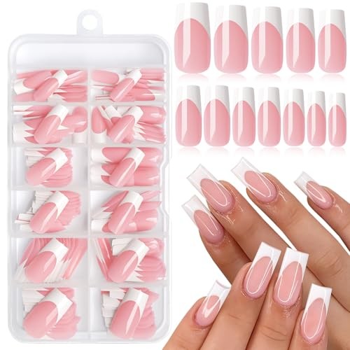 168pcs French Tip Press on Nails Long Square Fake Nails Nude Pink Color-A