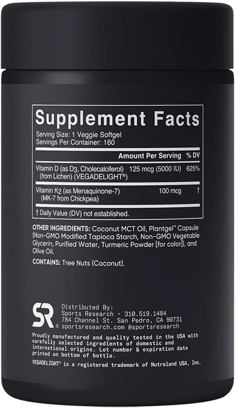 D3 K2 Plant-Based D3 Plus K2 (MK-7) 160 Veggie Softgels – 5000iu Vitamin D3