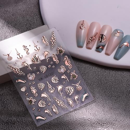 Ocean Nail Art Stickers Decals 6 PCS 5D Embossed Ocean Styles Nail Stickers