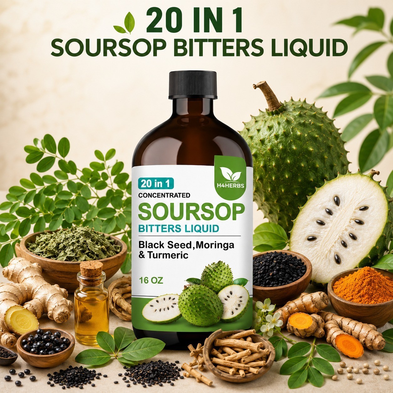 H4HERBS Soursop Bitters Liquid Herbal Blend Sugar Free Vegan Non-GMO