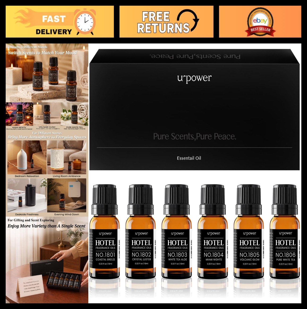 Premium Essential Oil Set for Diffusers – 6 Scents, 10ml Each, Home Aromatherapy