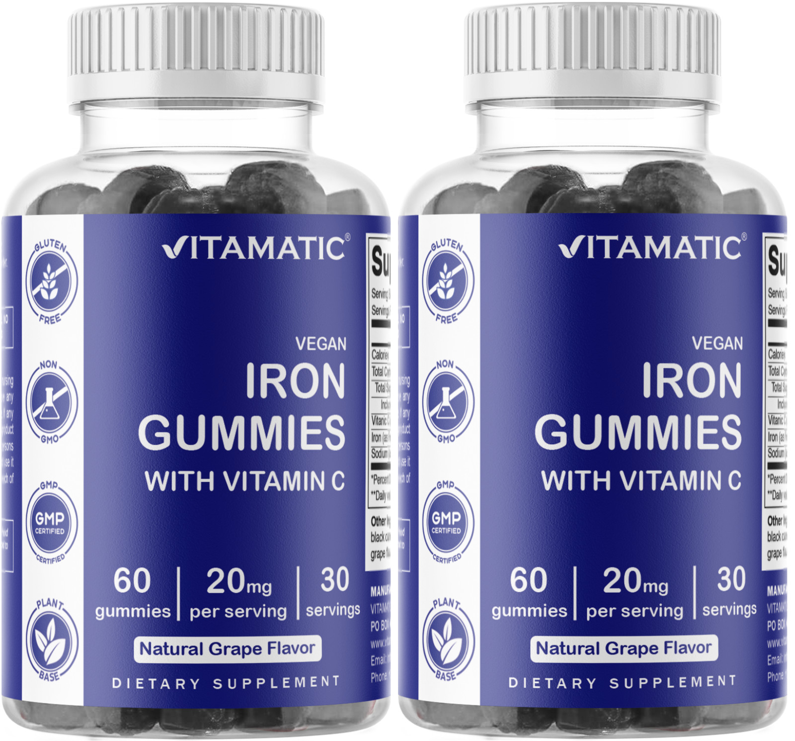 2 Pack Vitamatic Iron Gummies Supplement for Women & Men 20mg Serving 60 Vegan