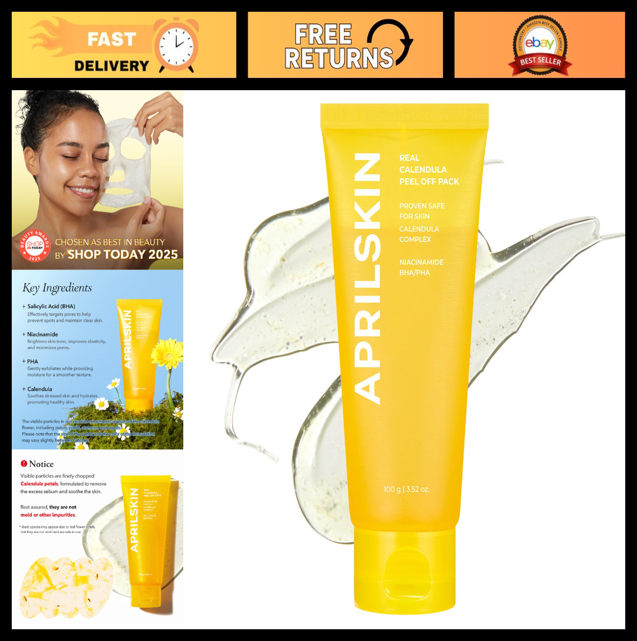 Calendula Flower Peel Off Mask – Exfoliating PHA BHA Niacinamide, 3.52 fl oz, Ko