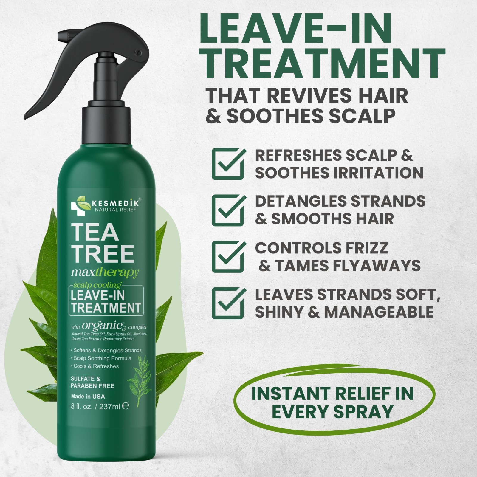 Tea Tree Oil Leave In Conditioner Detangler Spray Scalp Treatment Anti Frizz 8oz