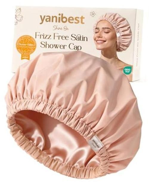 Satin Lined Shower Cap for Women Reusable Waterproof, Frizz Free & Peachy Pink