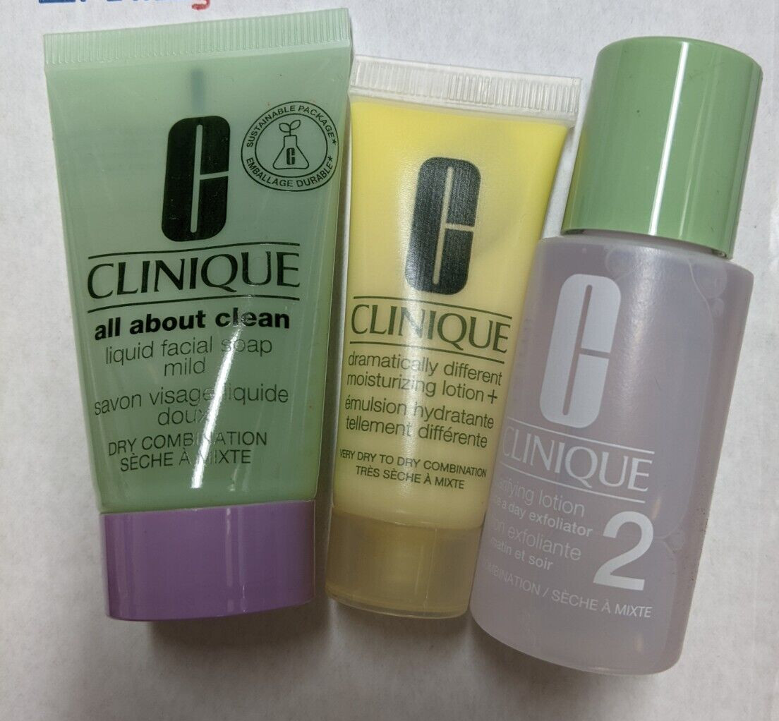Clinique 3 Step Skin Care Travel Set Dry/Combination Moisturizer+Lotion+Soap 1/2