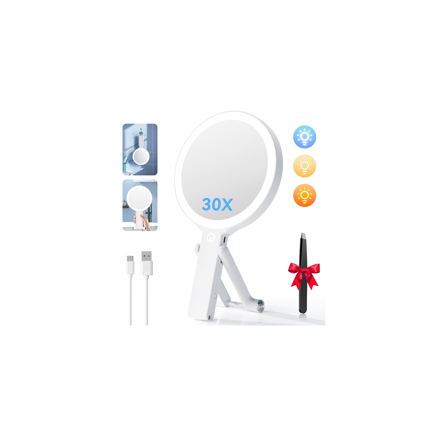 Travel Makeup Mirror Lights Double Sided 30X/1X Magnifying Handheld Portable