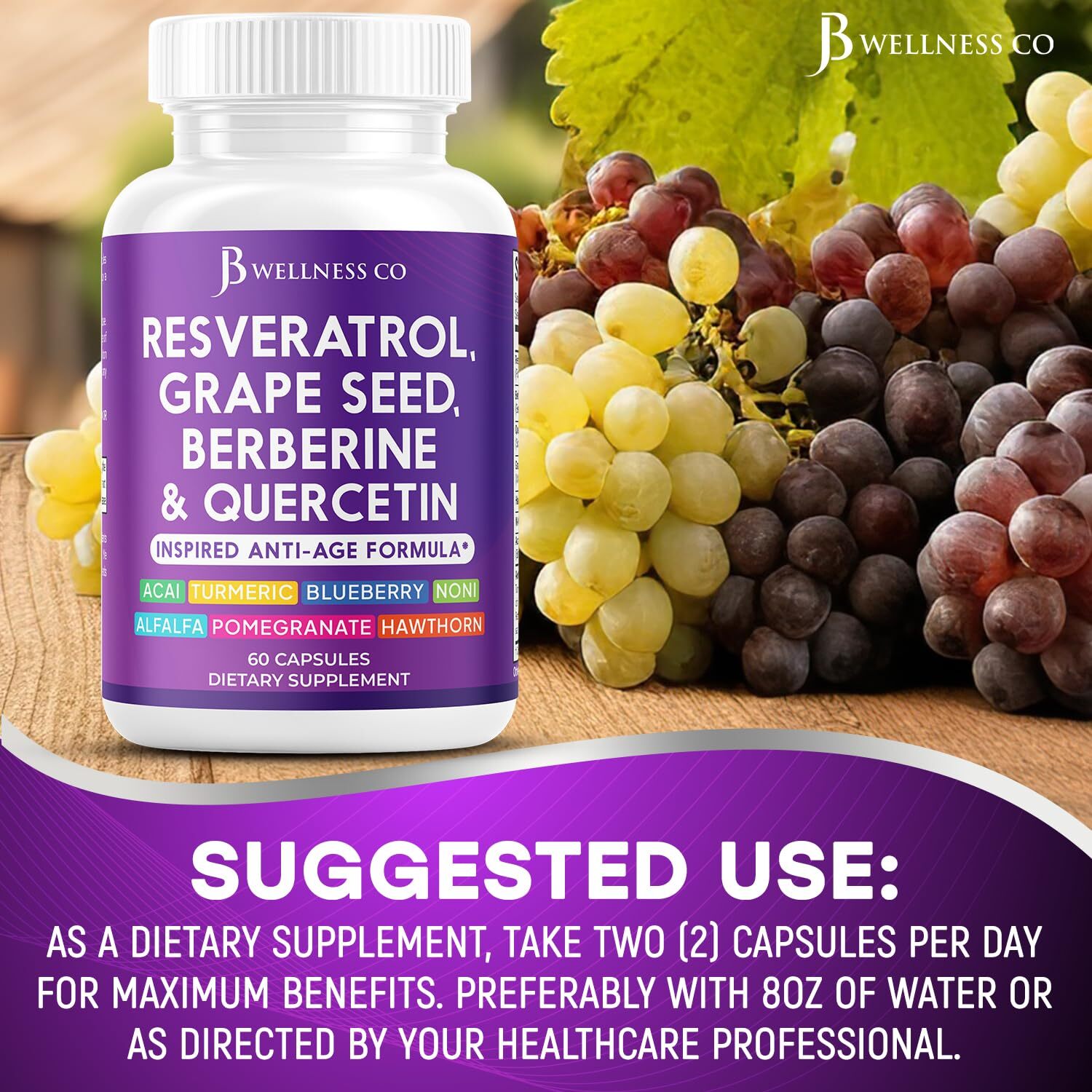 JB Wellness Resveratrol Grape Seed Extract Berberine Quercetin – Polyphenol S…