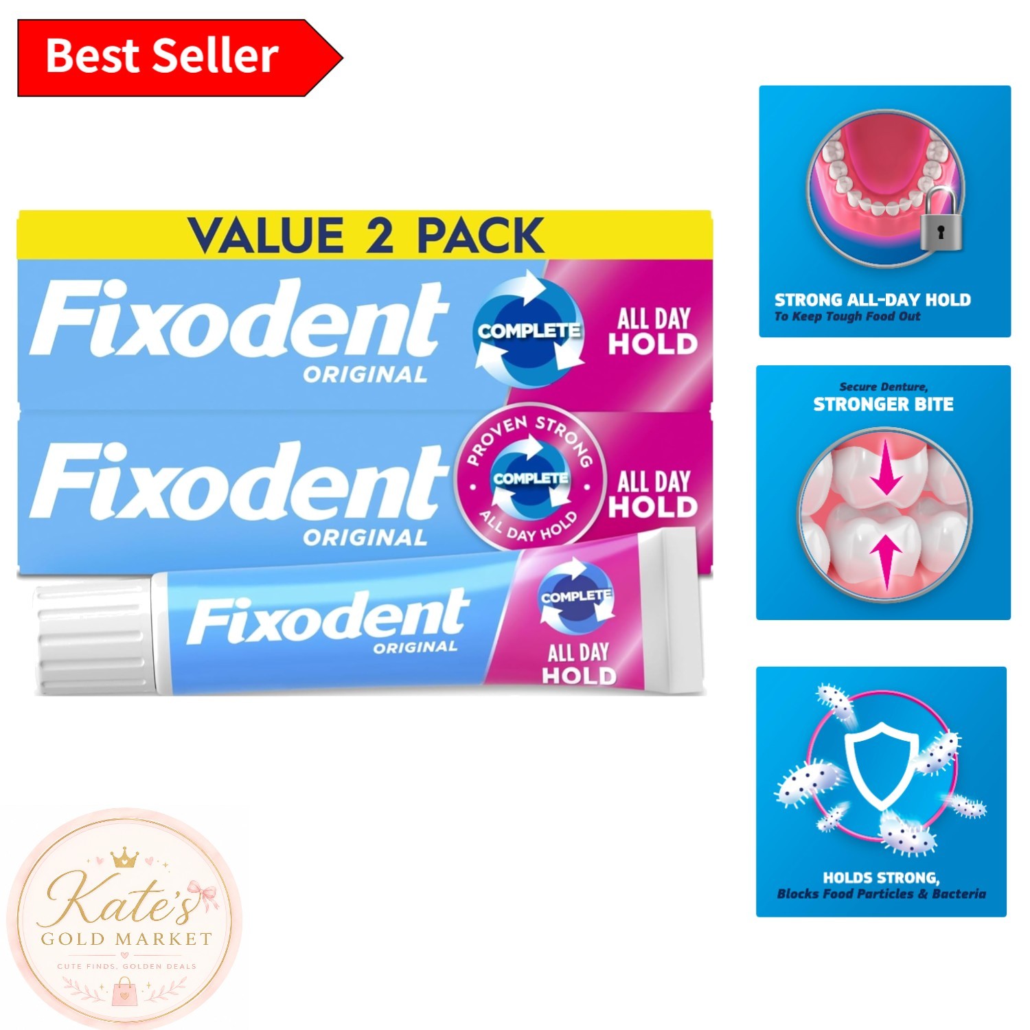 Dentist Recommended Denture Adhesive Cream, 2.4 oz – All-Day Comfort, Pack of 2