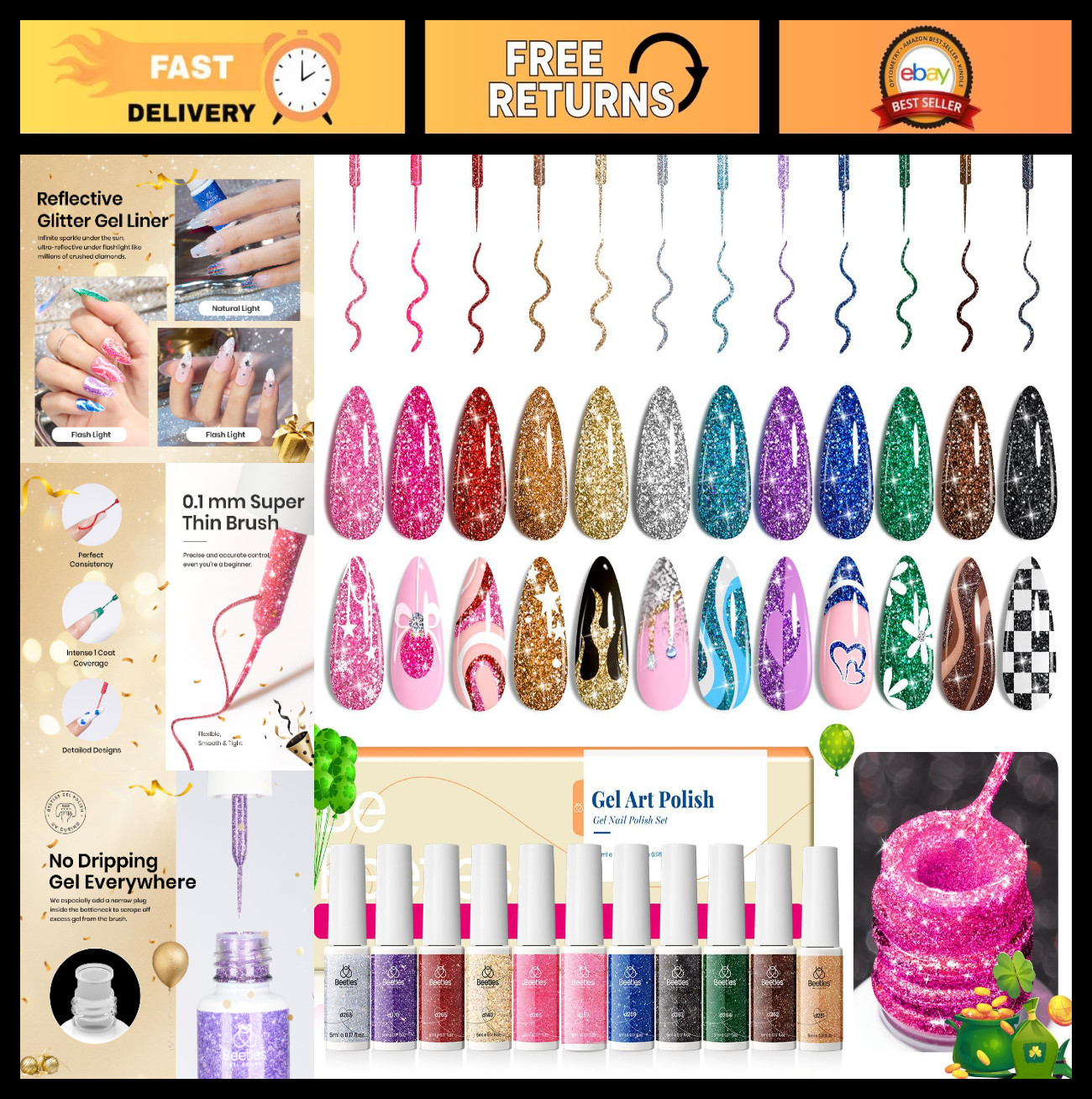 12 Colors Reflective Glitter Gel Nail Polish Set – Soak Off UV Art Kit for Summe