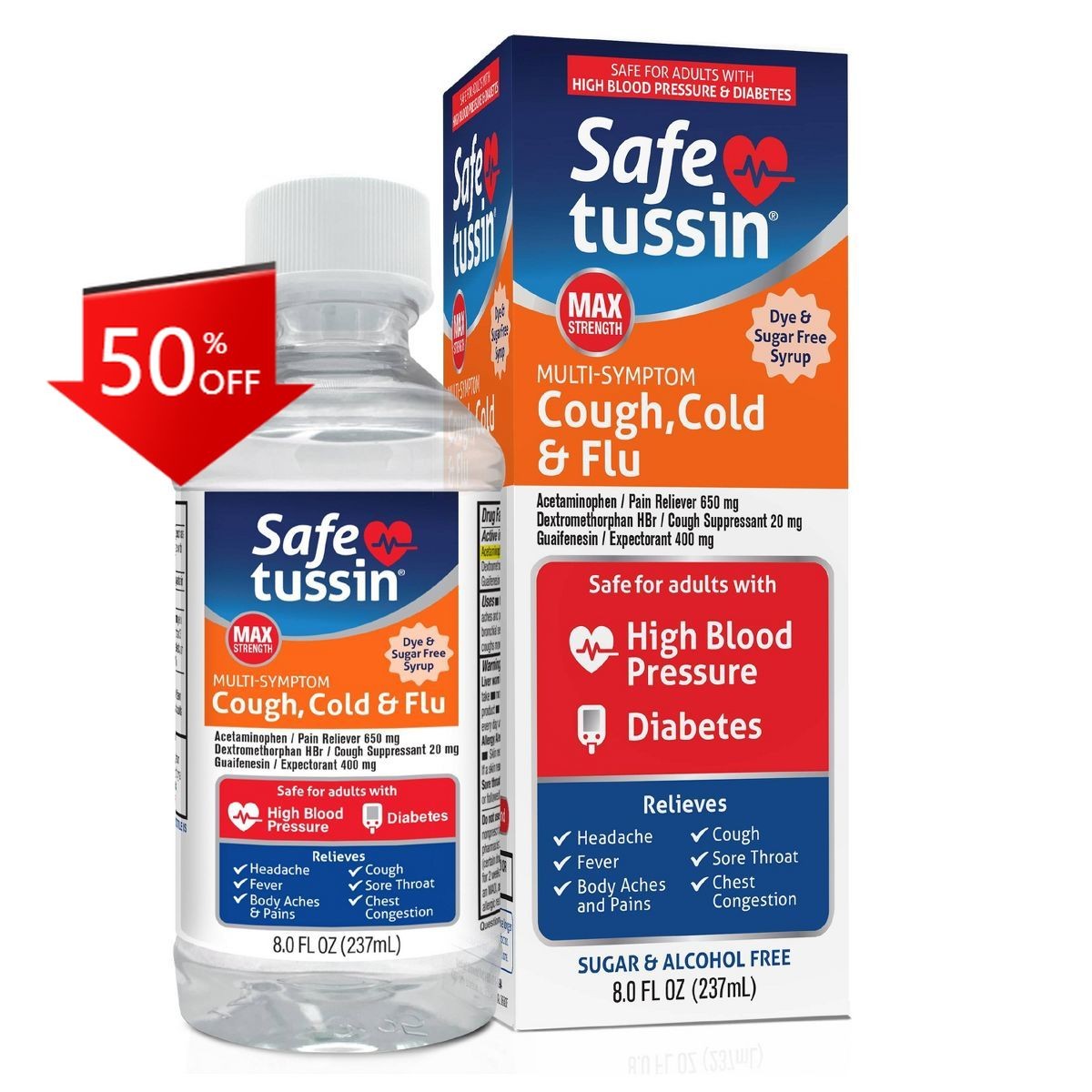 Safetussin Max Strength Multi-Symptom Cough Cold & Flu Liquid – 8 fl oz