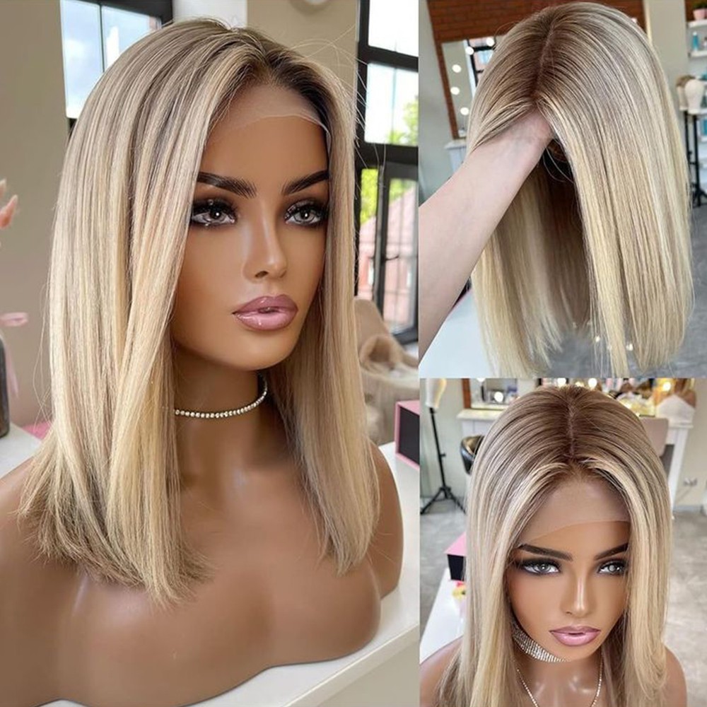 13×4 Short Bob Lace Front Wigs Glueless Brown Roots Ombre Blonde Straight Hair
