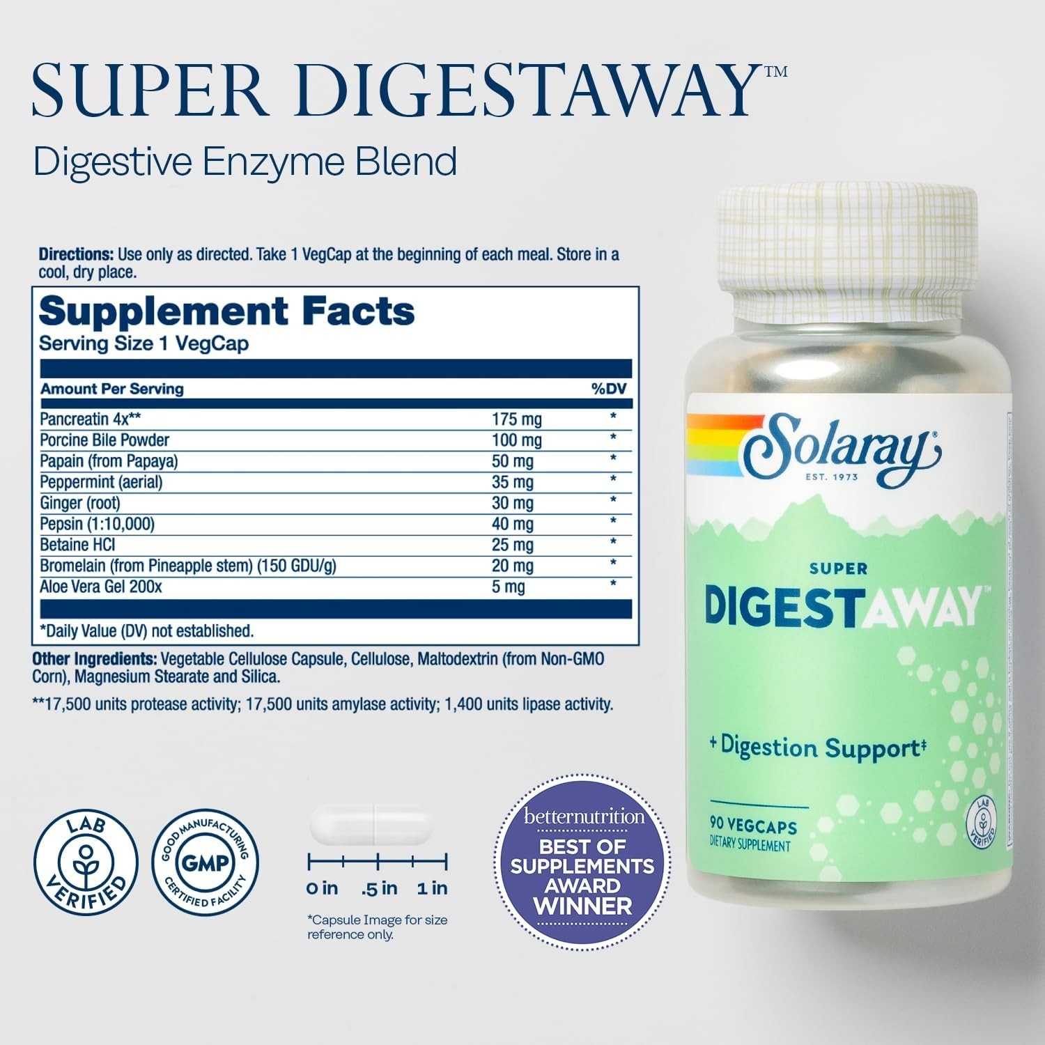 SOLARAY Super Digestaway Digestive – Papain, Ginger, Pepsin, Betaine HCl, Aloe V