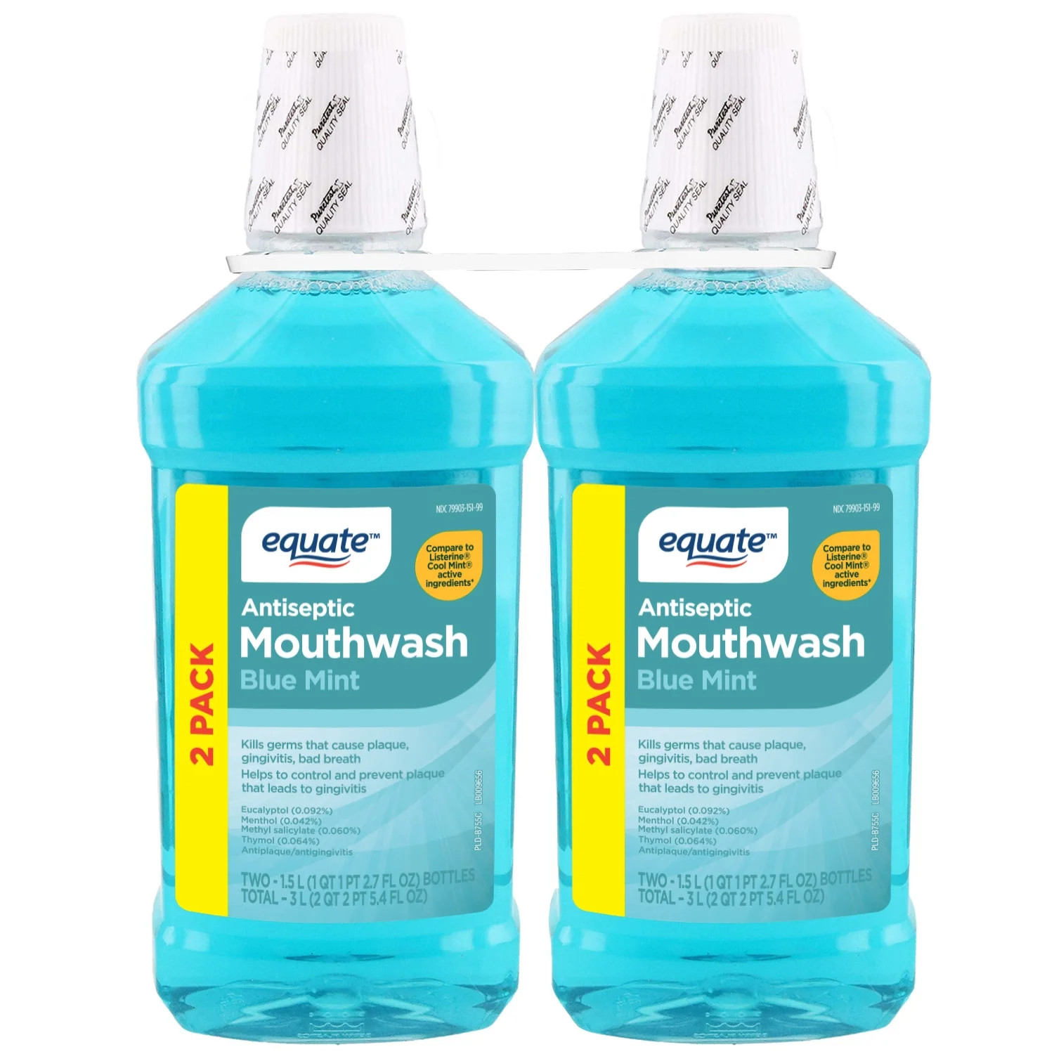 Equate Antiseptic Mouthwash, Blue Mint, Twinpack, 2 Bottles, 2 x 1.5 Liters (50.