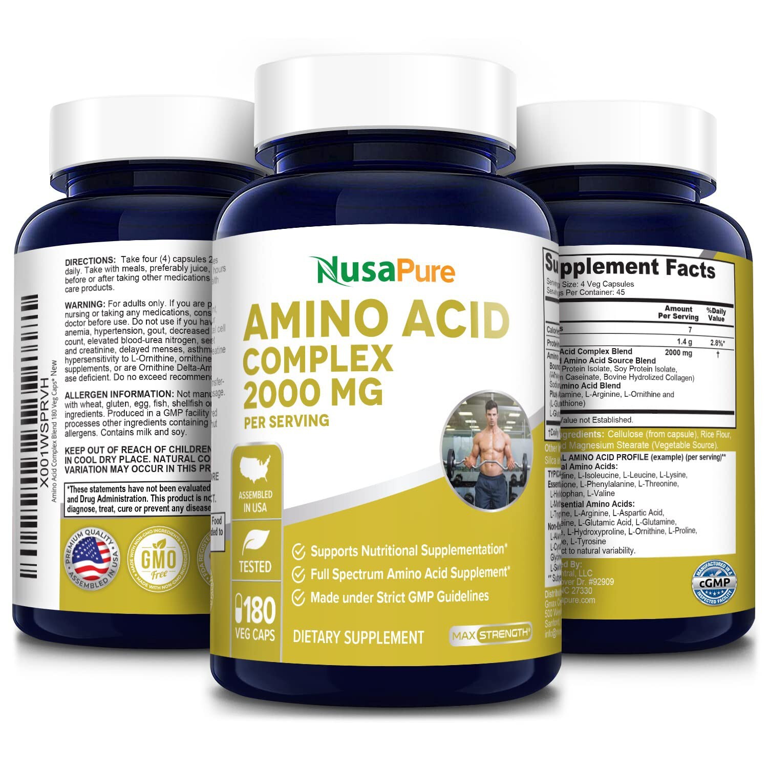 NusaPure Amino Acid Complex Blend 2000 mg-180 Caps (Non-GMO & Gluten-Free)
