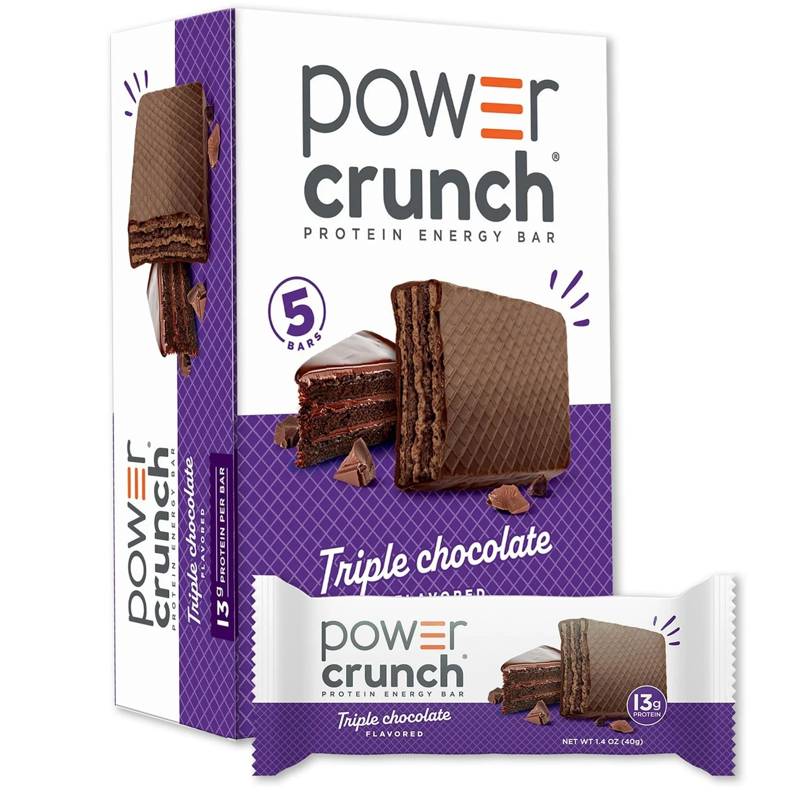 Power Crunch Original Protein Energy Bars, Triple Chocolate, 1.4 oz, 5 Count