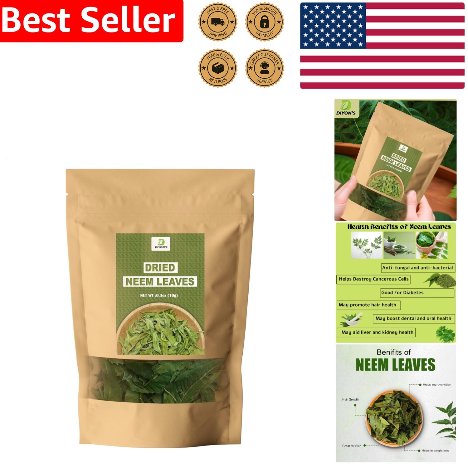 Pure Neem Leaves 0.3 oz Sri Lankan Whole Air Dried Organic Herbal Potent