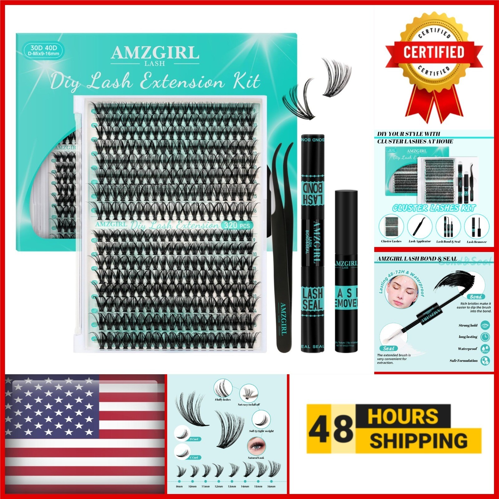 AMZGIRL Lash Clusters Kit 320Pcs, Waterproof Bond & Seal, DIY Extensions