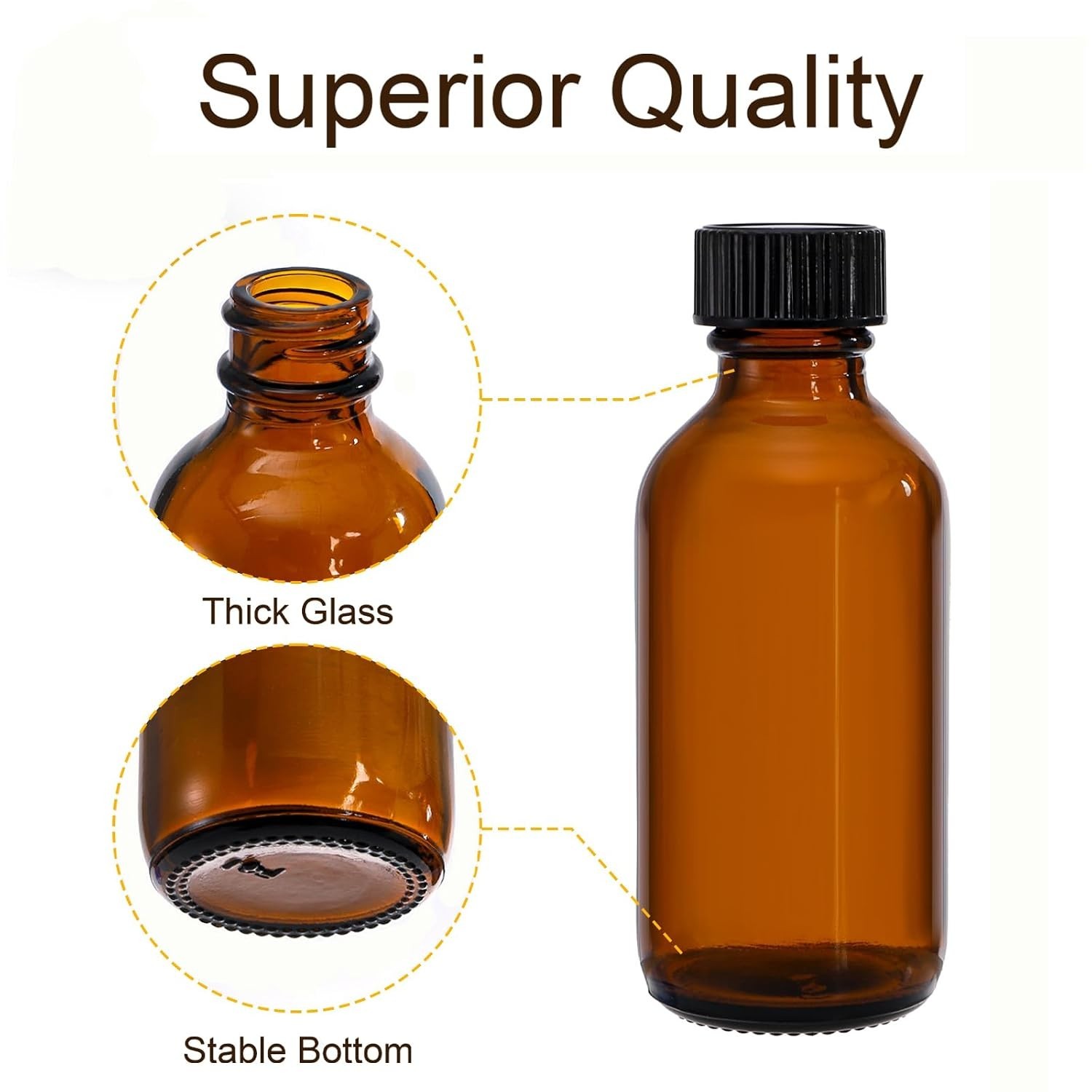 30 Pack 2 oz Boston Round Glass Bottle with Black Caps, Amber
