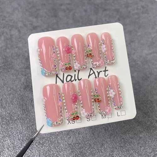 Handmade Press on Nails Long Square Fake Nails with 3D Cherry Pink SGJ1-10