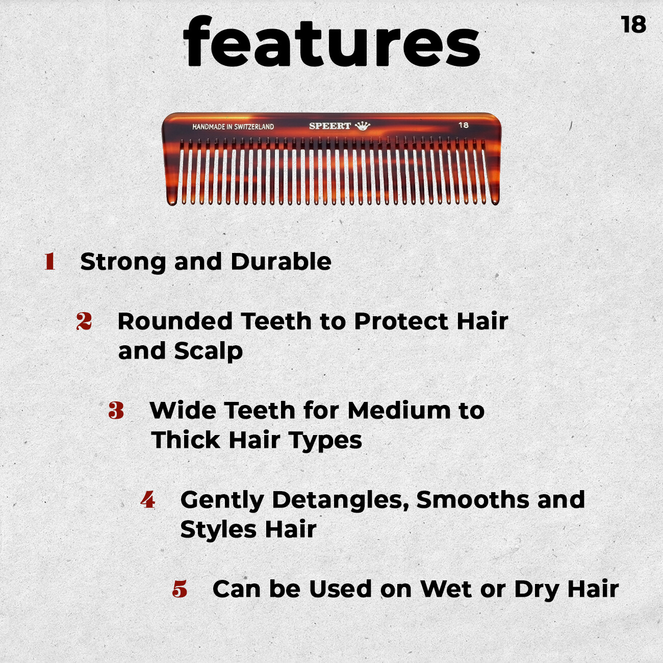 Speert Handmade Swiss European Comb Style #18 5 Inch Havana Tortoise Brown Gold