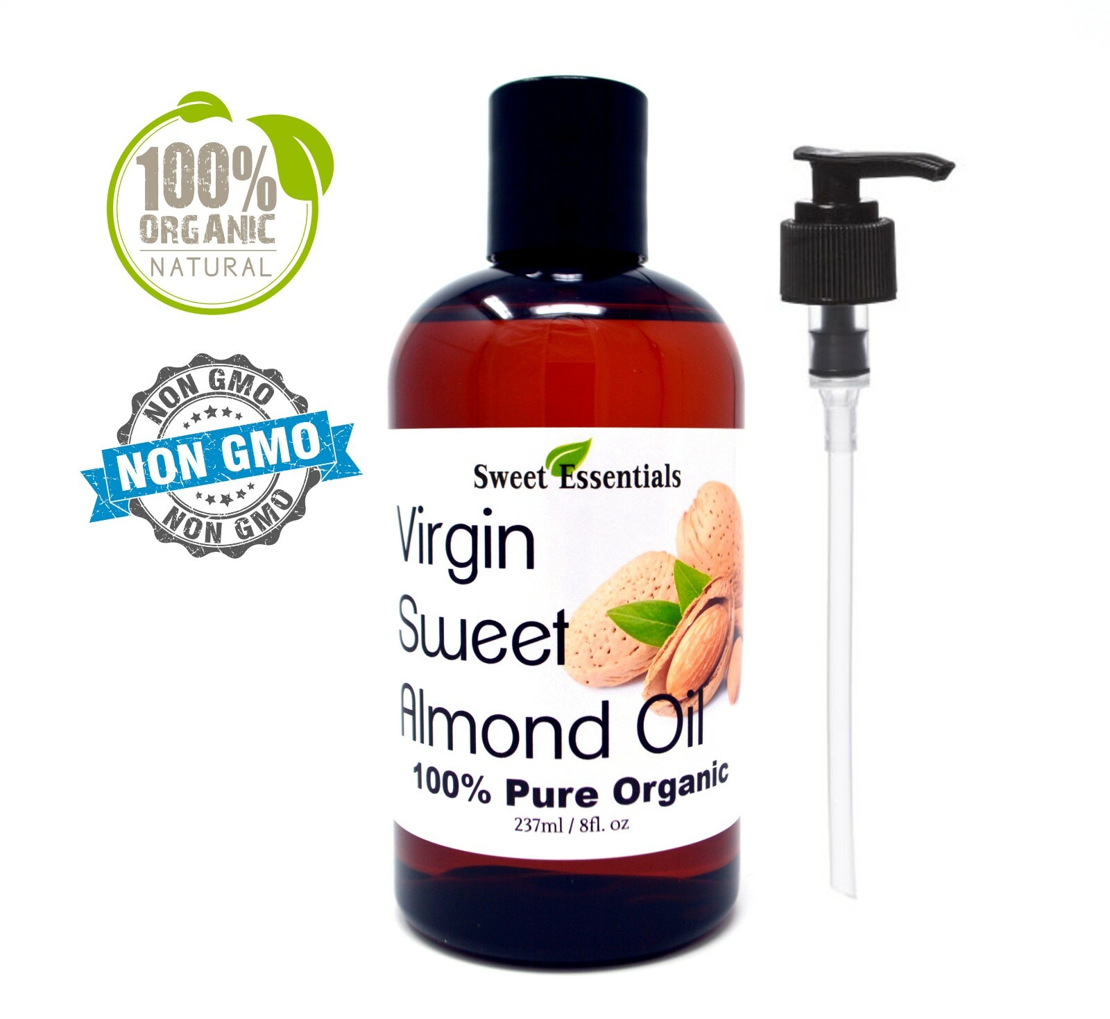 100% Pure Organic Cold Pressed Unrefined Sweet Almond Oil – 8oz – Italy Imported