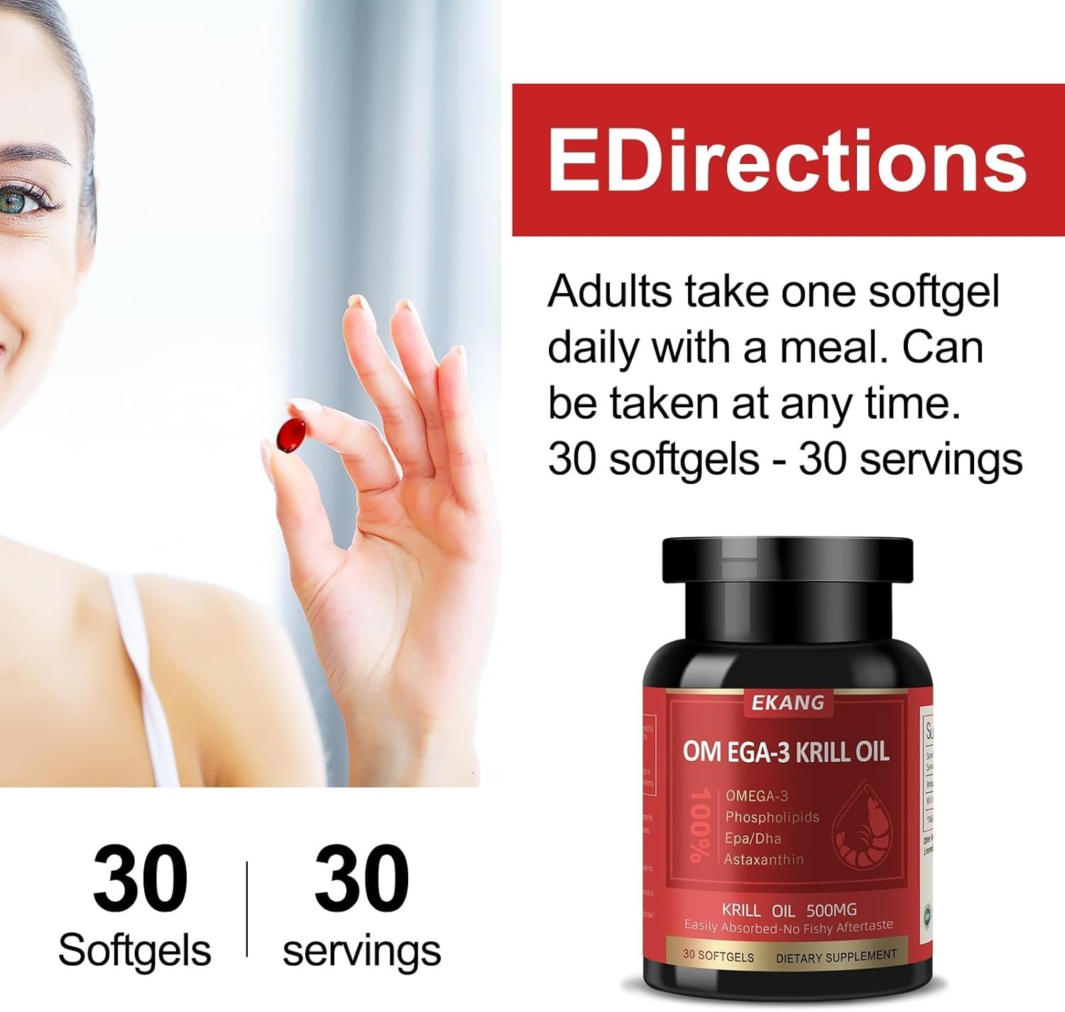 Omega 3 Krill Oil – 500 mg, Non-GMO, Gluten-Free, 60 Softgel Capsules