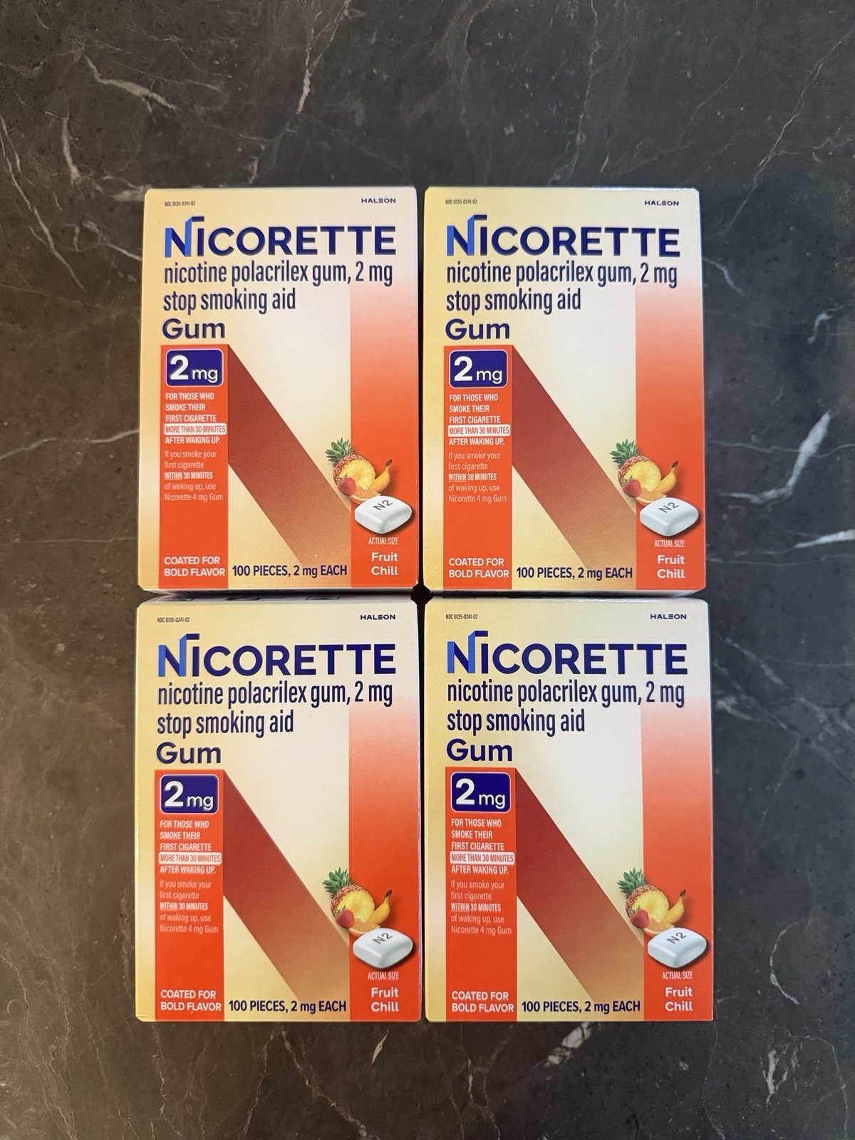 LOT OF 4 – Nicorette 2mg Nicotine Gum Fruit Chill 100 Pieces Exp 05/28-11/28