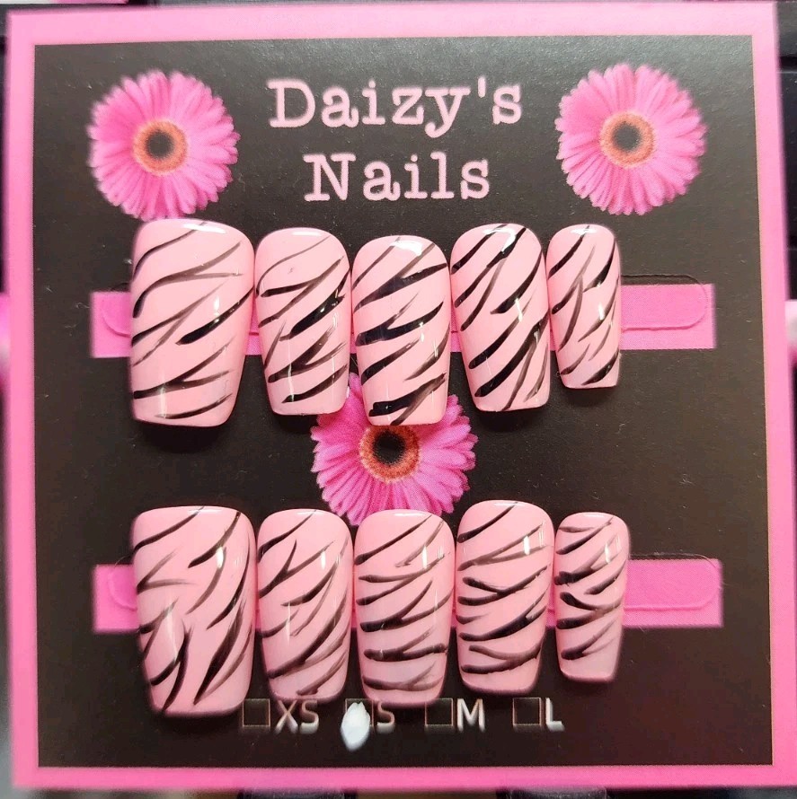 Small Size Black Pink Zebra Press-on Nail Set Handmade Squoval 2.0 Cm Length