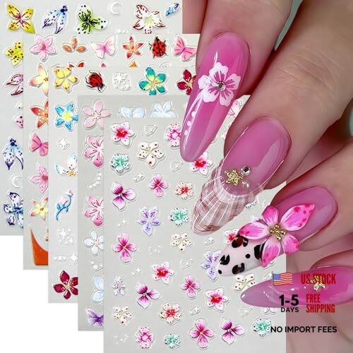 5 Sheets 5D Embossed Flower Nail Stickers Colorful Floral Nail Art hibiscus